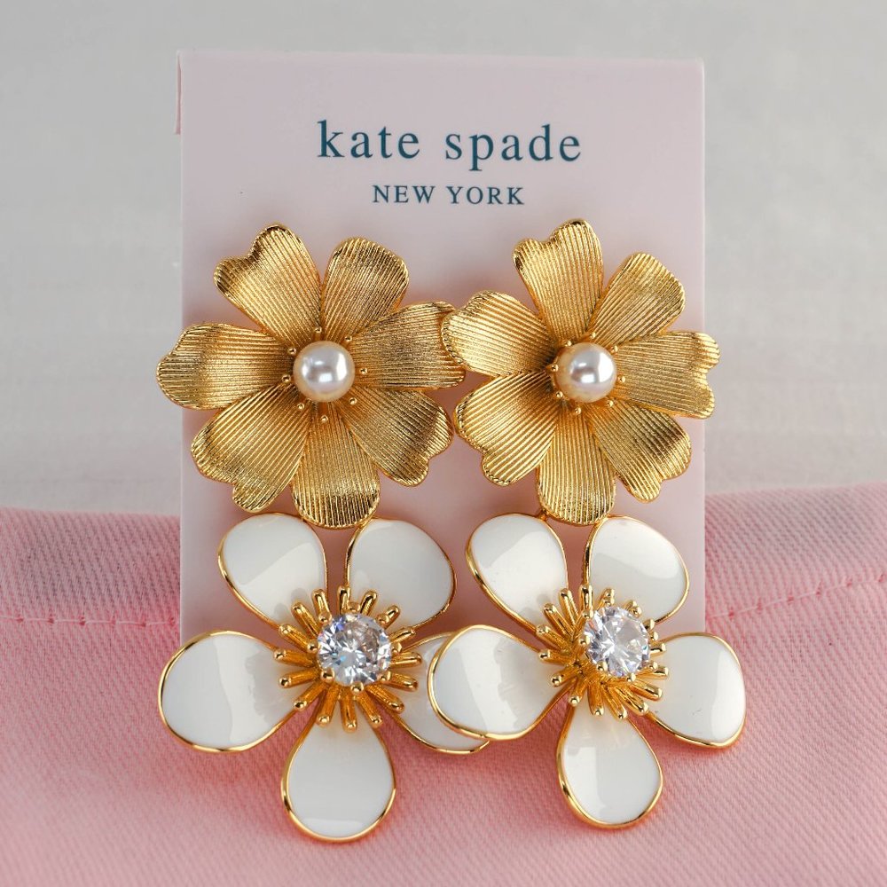 Kate Spade Floral Double Flower Statement Drop Earrings (with Dust Bag) NEW